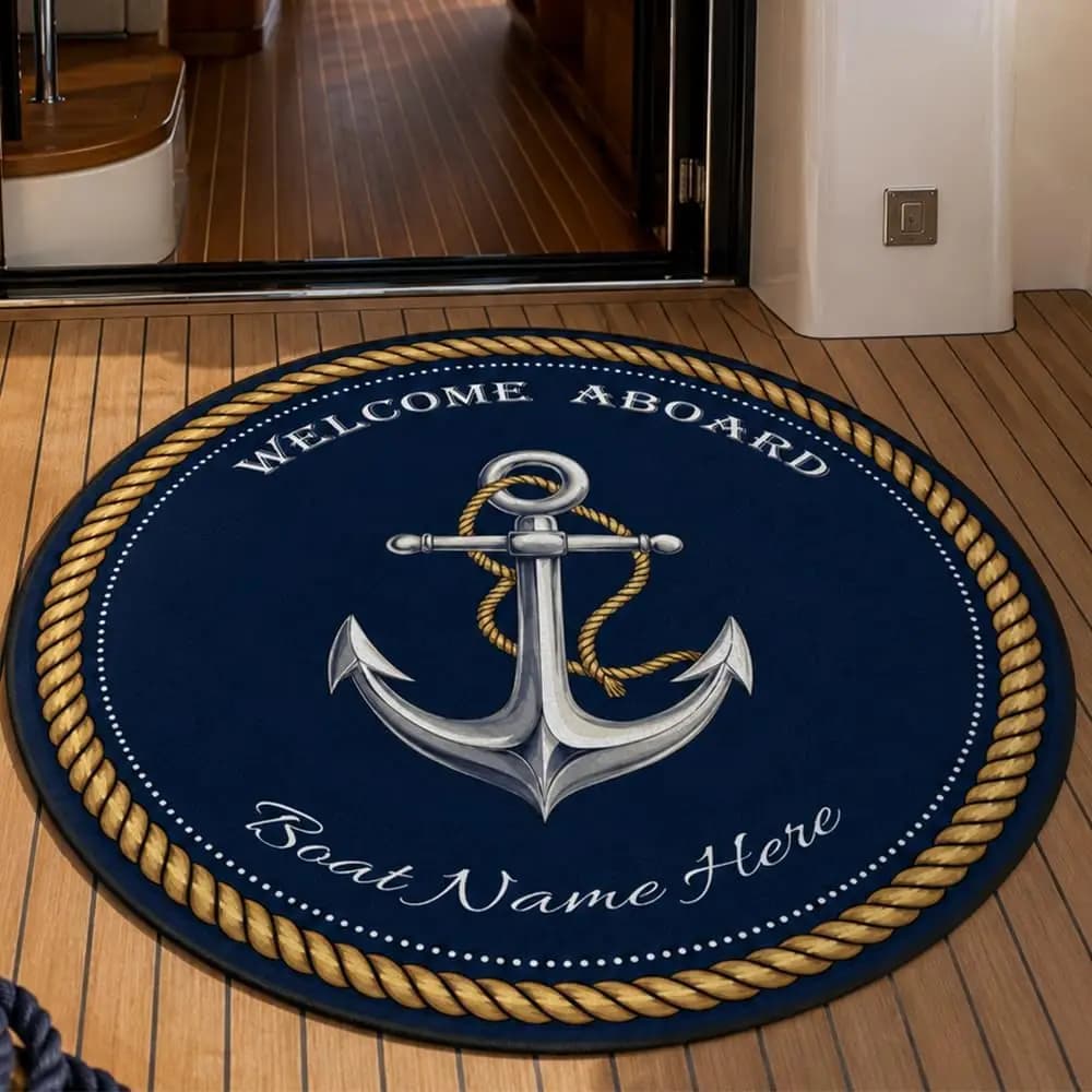 Decorative Nautical Welcome Mat Doormat Polyester Indoor Outdoor Round Boat Entrance Rug Marine Coastal Beach Ship Anchor Sign M