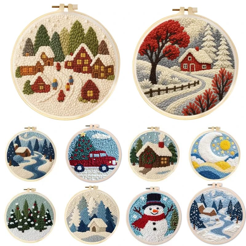 Festive Christmas Landscape Punch Needle Embroidery Kit with Hoop DIY Punch Needle Set for Beginners Ideal Gift For Holiday