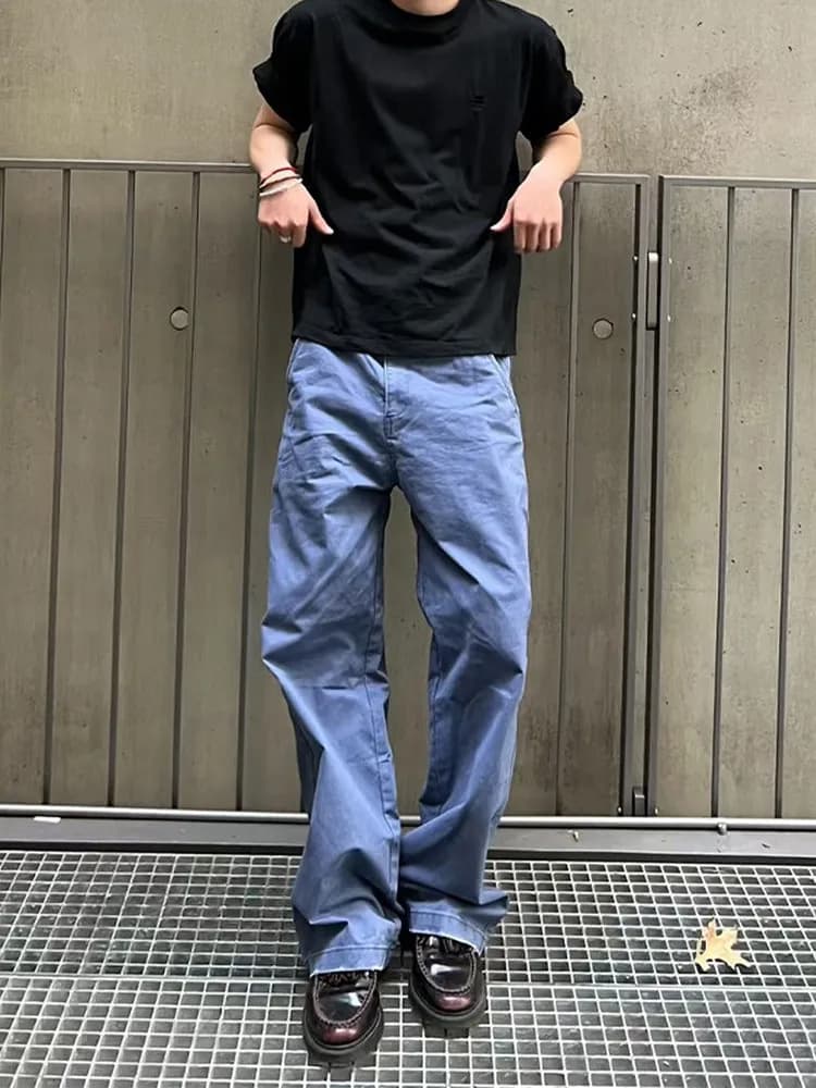 Vintage Washed Straight Leg Workwear Trousers Men's Women's Loose Fit Slimming Casual Jeans mid Waist Zipper Closure