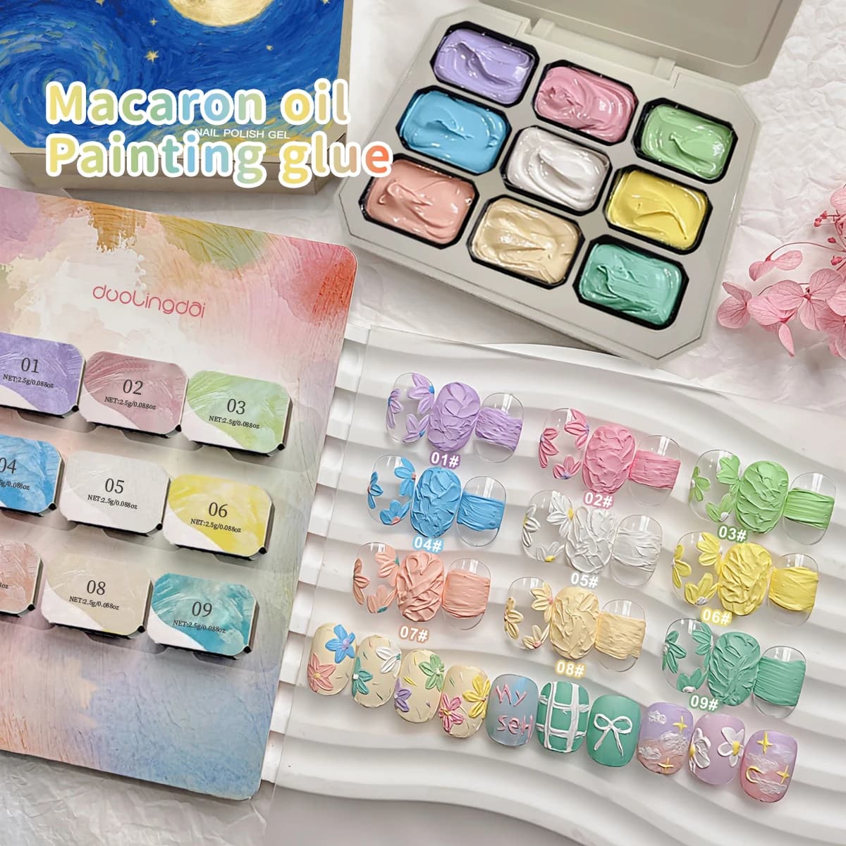 9-Grid Macaron Oil Painting Gel Complete Set - Nail Gel Macaron Oil Painting, No Wipe Nail Polish Gel, Vibrant Colors