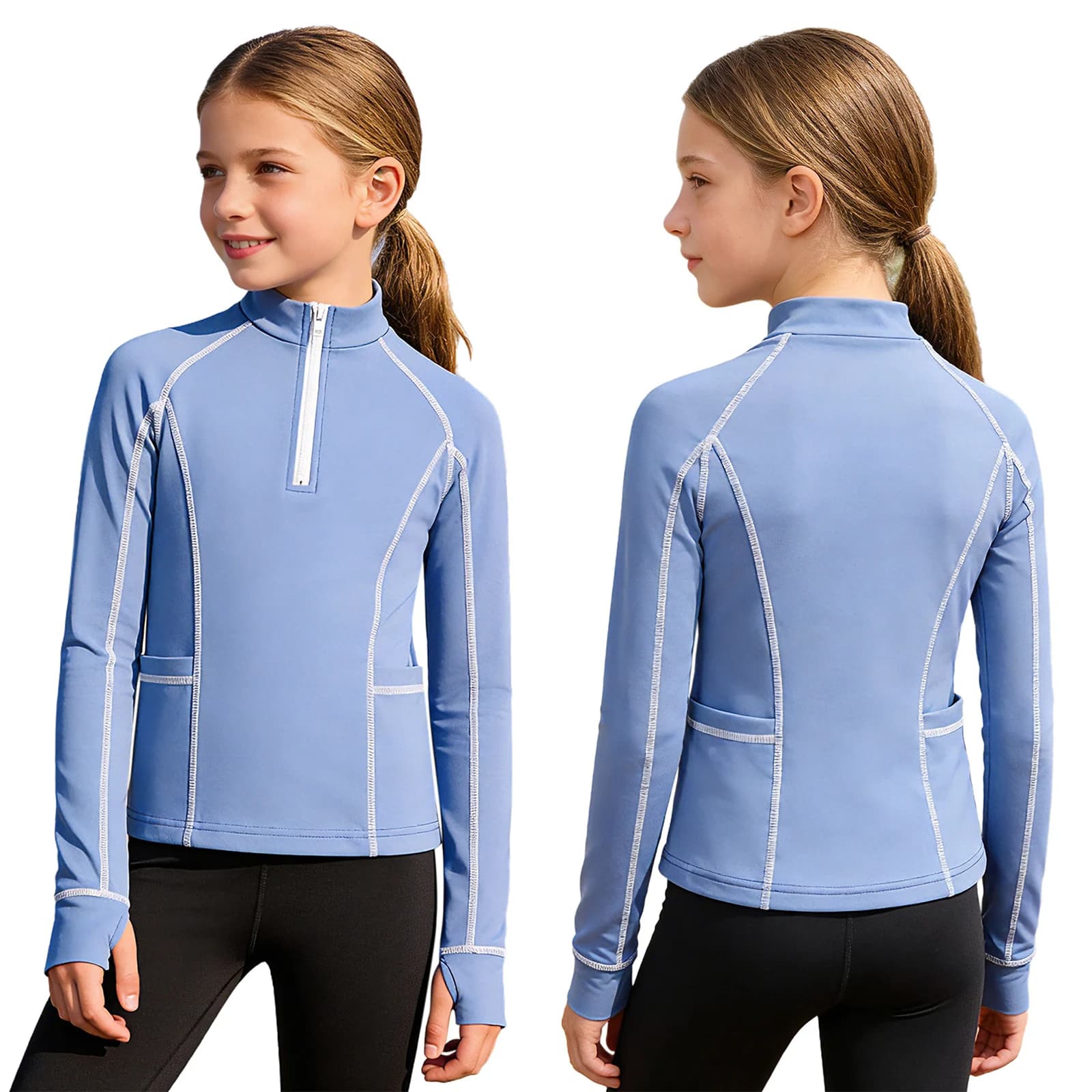 Sports T-shirts for Girls, Half Zip sweater and Long sleeves, with Pockets, for Yoga, Training, Running