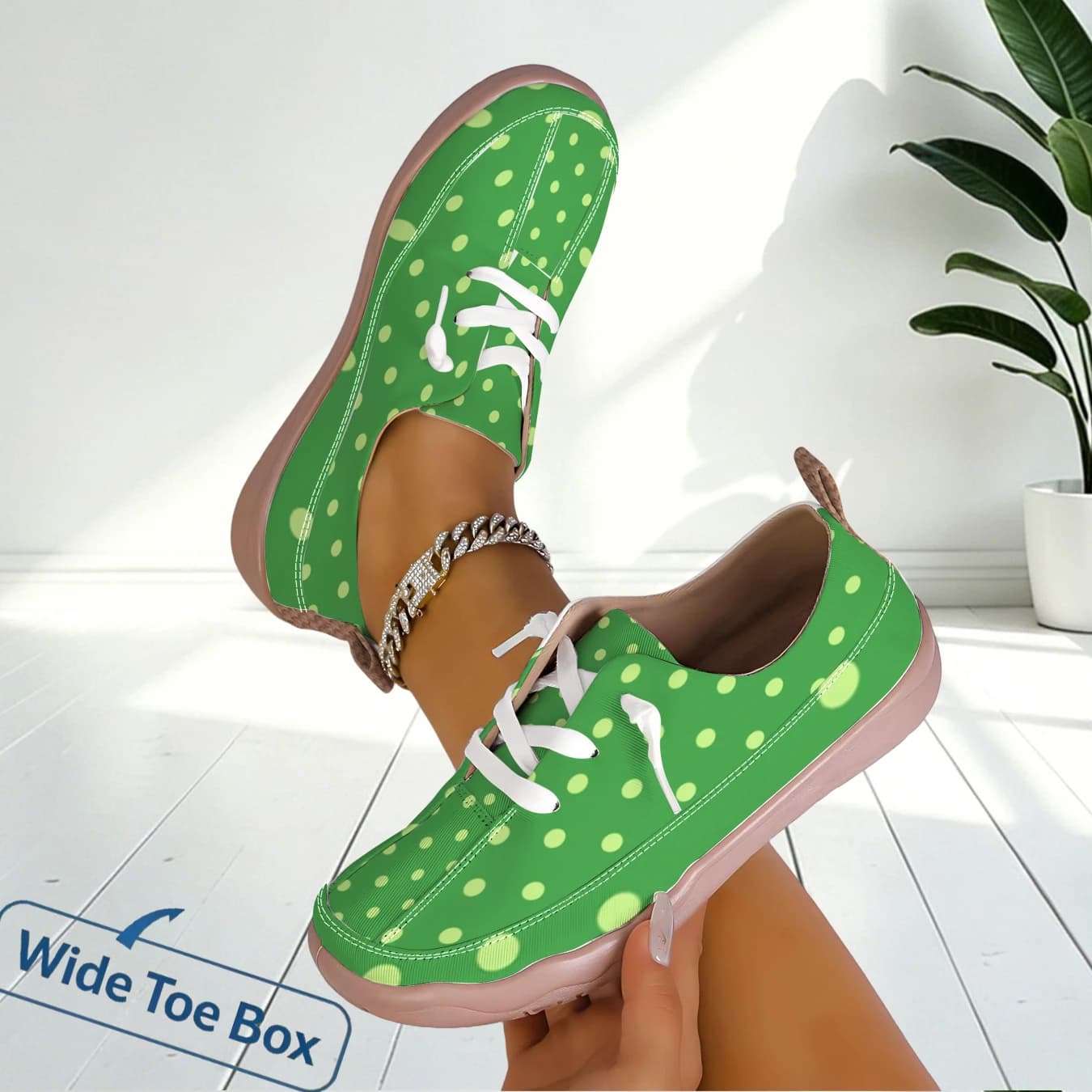 Women Polka Dot Print Lace Up Sneakers Wide Toe Light Breathable Shoes For Travel Commute Walking