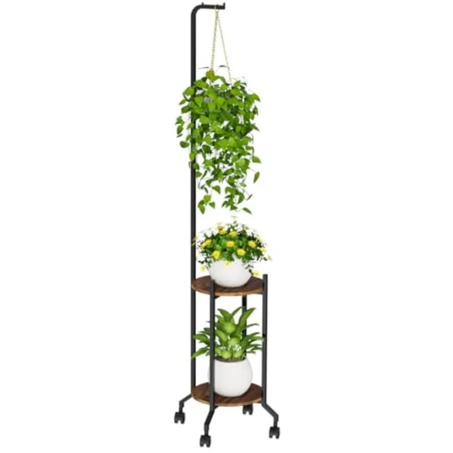 Plant support High suspended plant shelf at 2 levels for indoors with wheels 3 Support for potted corner flowers Metal plant support Plant shelves fo