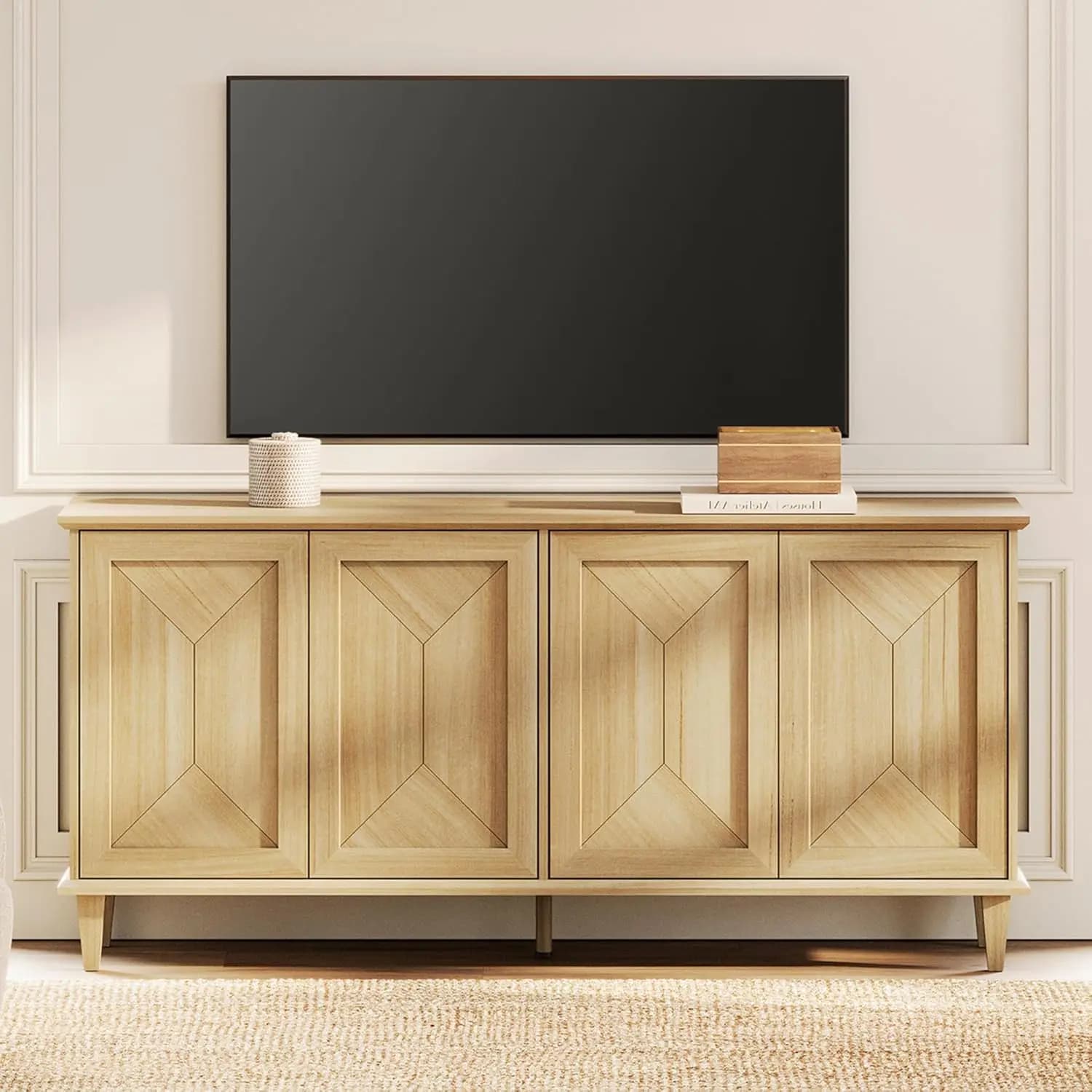 Mobile TV Stile Fattoria 65 Pollici con Ante Patchwork, Gestione Cavi, Ripiani Regolabili, in Quercia, Personalizzabile