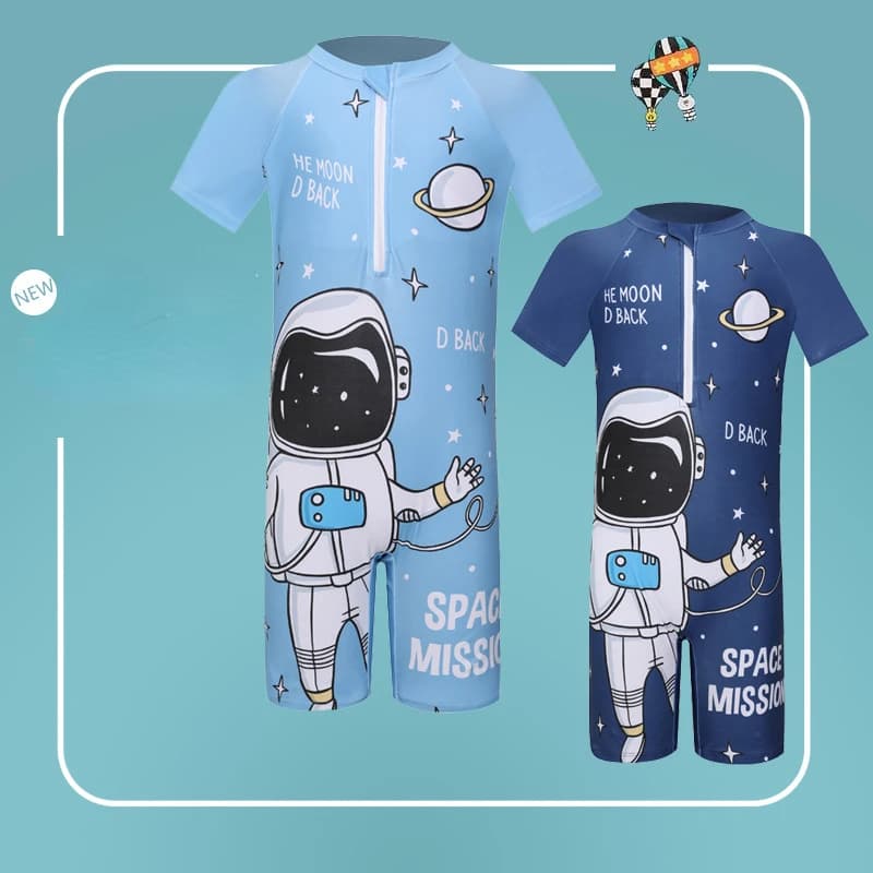 New full swimsuits of children's cartoon astronaut, short-sleeved swimwear, hot boy's professional spring swimsuit