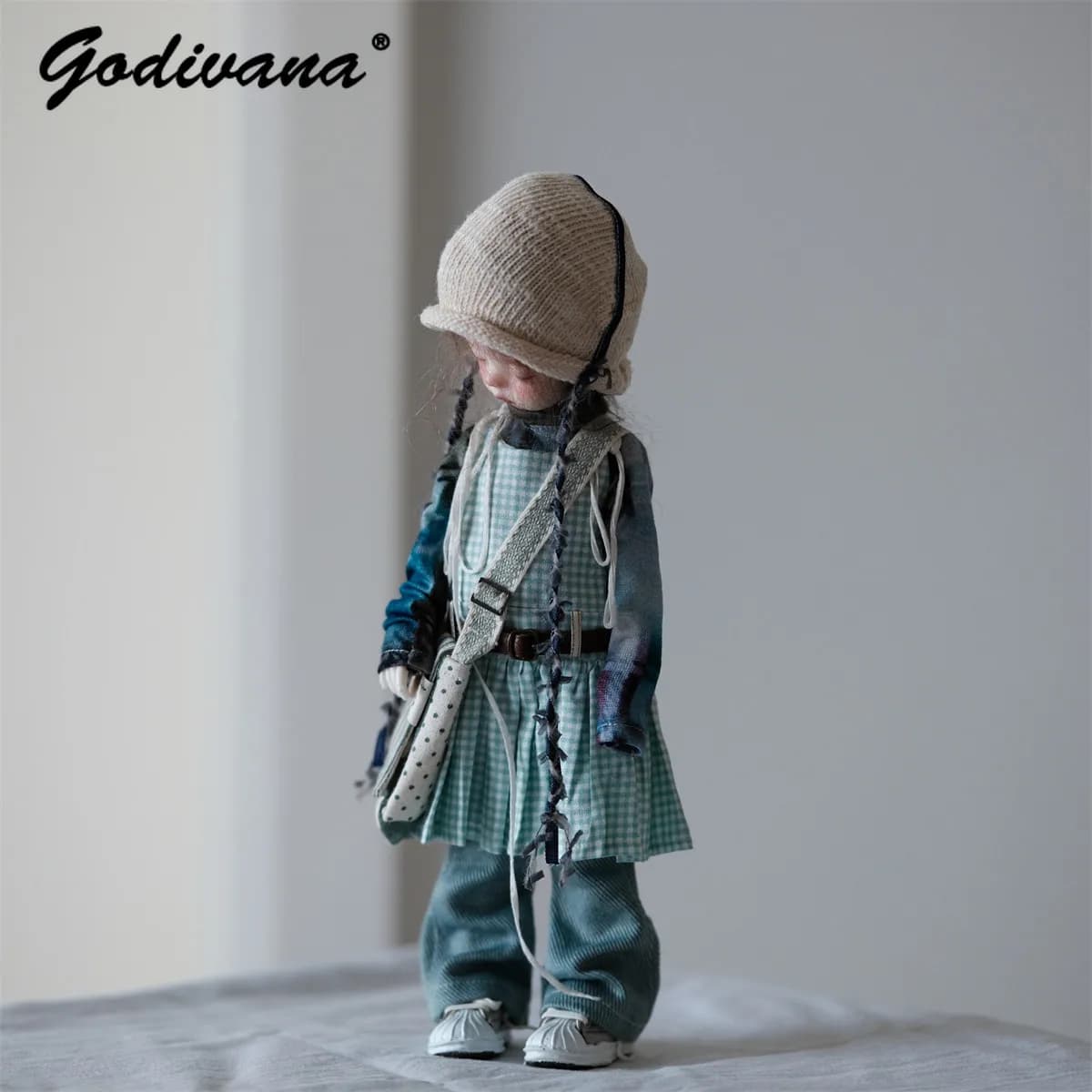 Vintage Workwear Forest Style 1/6 BJD Doll Outfit Washed Tie‑dye Long‑sleeve Top Plaid Overall Dress Jeans Three Pieces Full Set