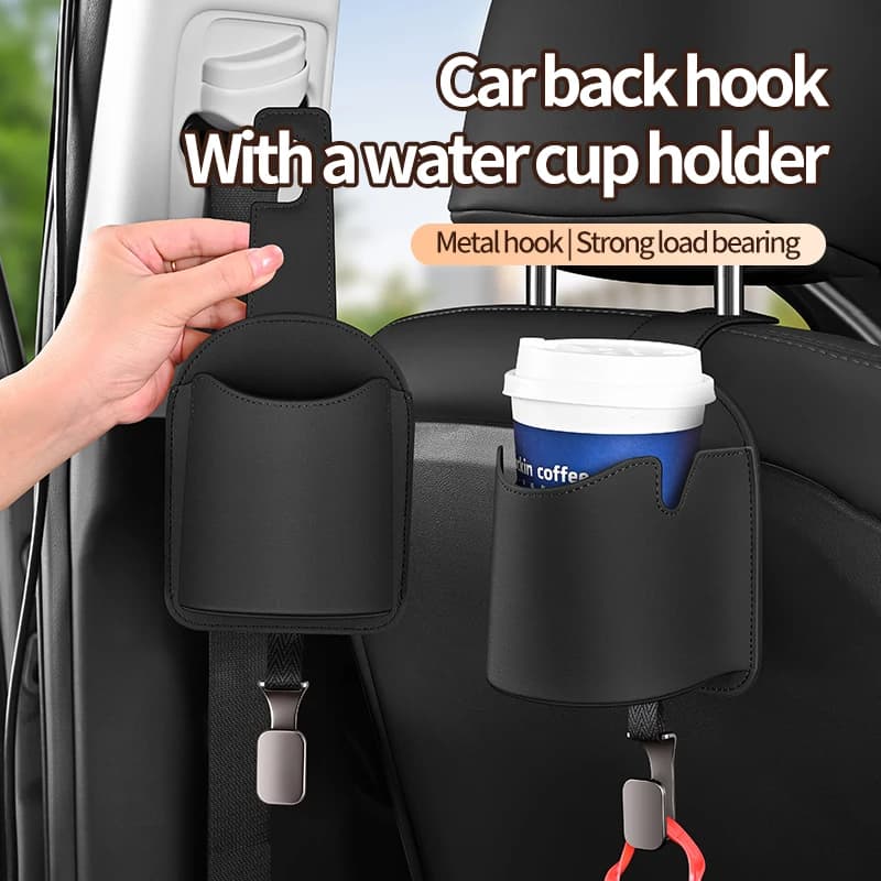 Luxury Leather Seat Back Cup Holder Hook, 2-in-1 Headrest Hanging Organizer, High Load-Bearing Metal Car Hanger for Bags