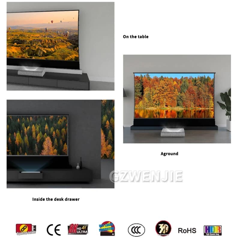 Schermo di proiezione a pavimento motorizzato elettrico 4K da 84/92/100 pollici CBSP Uso dello schermo nero per proiettori focale ultra corte