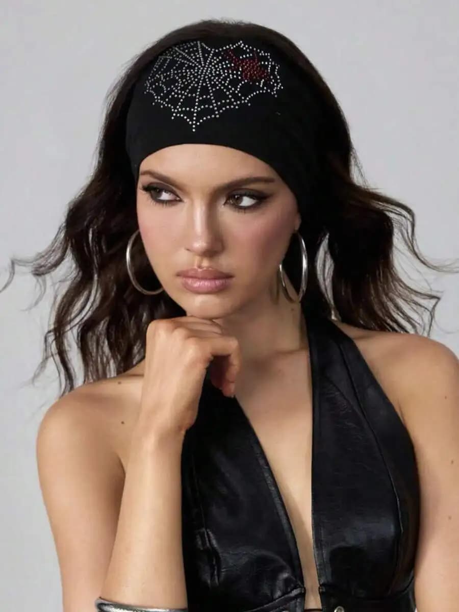 Shiny Rhinestone Spiderweb Headband For Women Elastic Wide Sweatband Fashion Hair Accessory