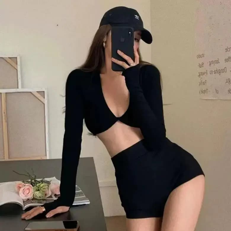 Costume da bagno intero da donna a vita alta con maniche lunghe, scollo a V profondo, sexy, per sprossazioni termali, ideale per seni piccoli