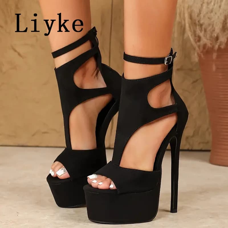 Liyke Model Show Sexy Platform Sandals with Extreme High Heel For Women Evening Shoes for Banquets with Open Tip and Fashion Zipper Strap