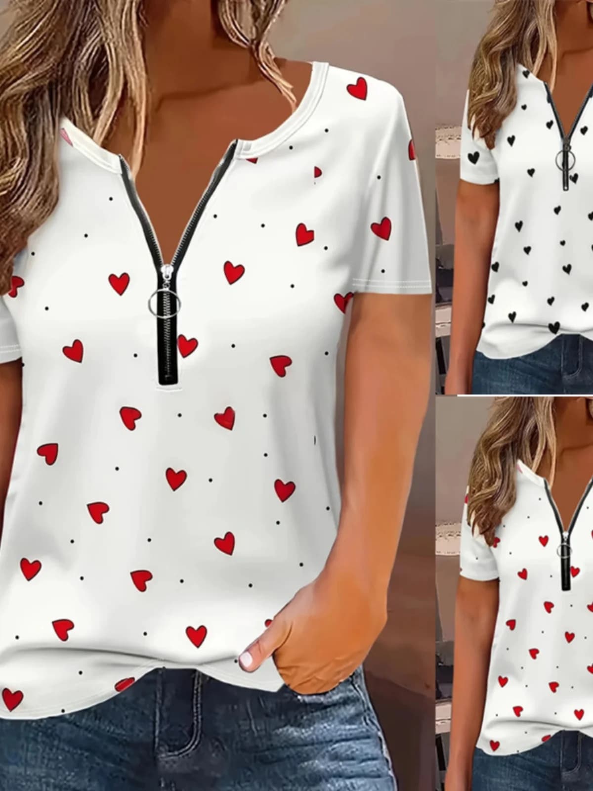 Casual Street Style round Neck Short Sleeve T-Shirt Zipper Loose Fit Extra Large Half Sleeve Top for Women Summer Trend
