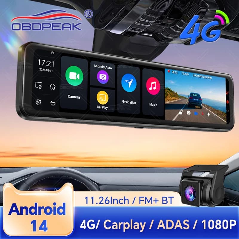 Dash Cam Android 14 da 11,26 Pollici, 4+64G, CarPlay e Android Auto, GPS, WiFi, Google Play, YouTube, Netflix, Aggiornamento OTA, DVR a Doppia Lente