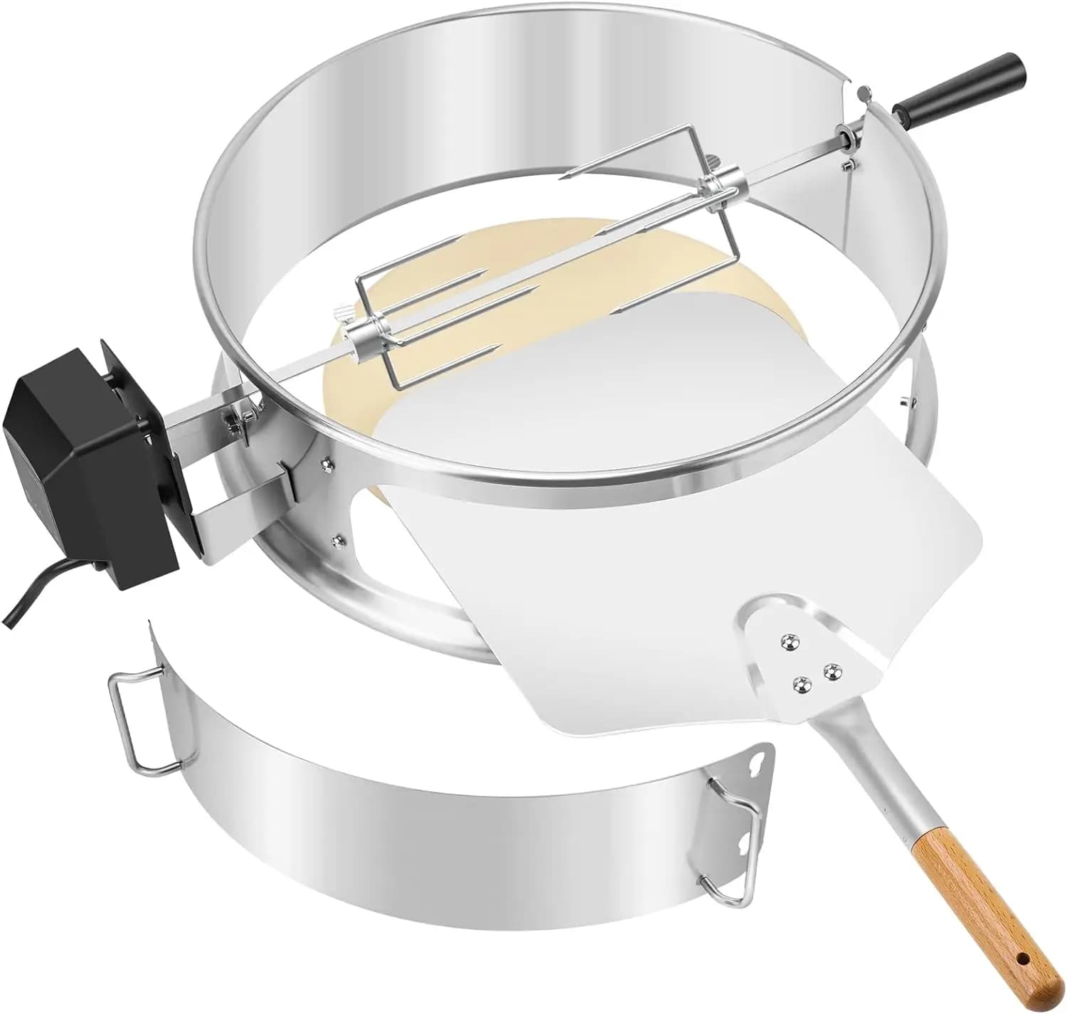 Kit Combinato Girarrosto e Pizza in Acciaio Inossidabile per Griglie a Carbone da 18 Pollici - Include Pala e Pietra per Pizza