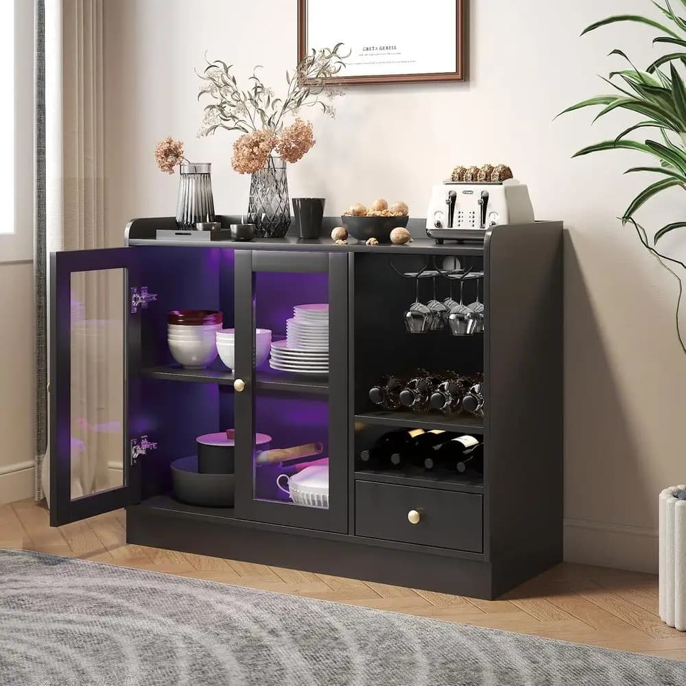 Tempered Acrylic Door Wine Bar Cabinet with Glass Rack, Freestanding Buffet Sideboard, Perfect for Home Kitchen, Dining, and Liv