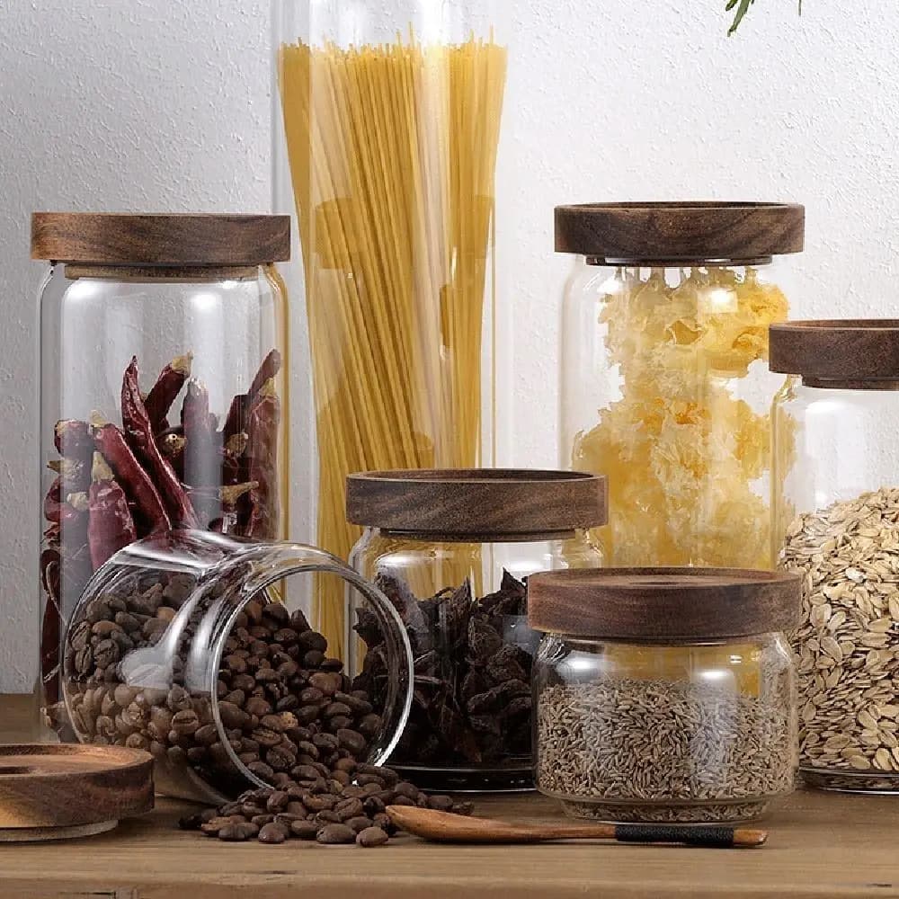 Multi-Use Wooden Lid Glass Food Storage Jar Coffee Beans Clear Airtight Canisters Thicken Round Tea Storage Holder Sugar