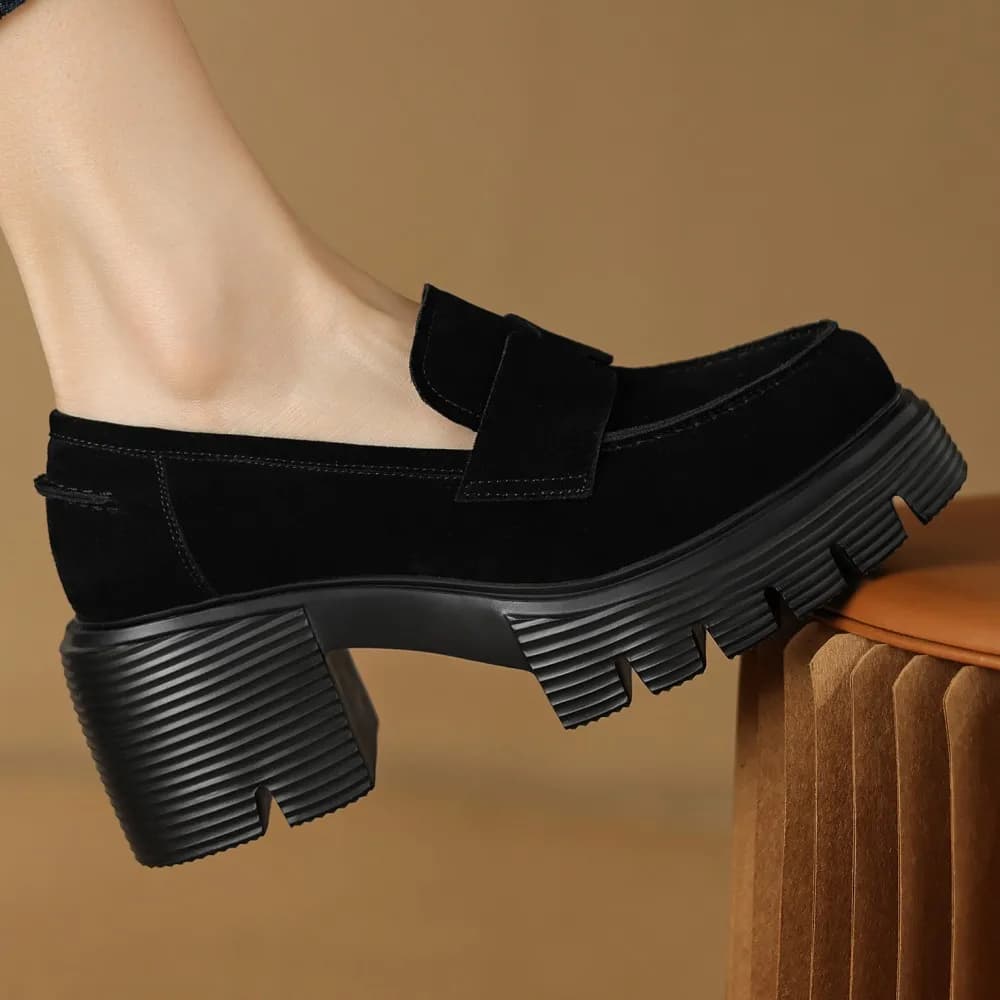 Mocassini da donna con plateau e tacco grosso in pelle scamosciata naturale, punta tonda, casual, da donna, invernali, caldi, in peluche, scarpe da donna