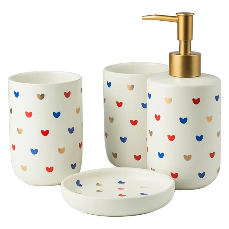 Elegante set di dispenser in ceramica minimalista: per sapone per le mani, shampoo, gel doccia, balsamo e disinfettante per le mani, flaconi con pompa a pressione