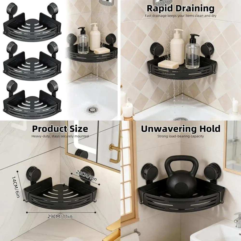 Organizer doccia a 3 livelli con ventose - Portaoggetti da bagno senza foratura con portasciugamani, Nero
