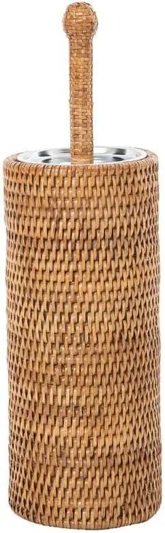 Set scopino per WC in rattan da 4,5"×15,5" intrecciato a mano marrone miele, tazza e coperchio rimovibili, igienico