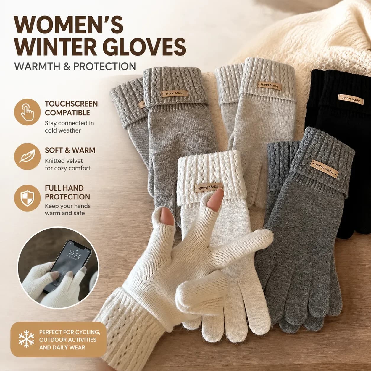 Women's Touchscreen Full-Finger Gloves Winter Warm Knitted Velvet Cycling Gloves with Hole Design for Hand Protection