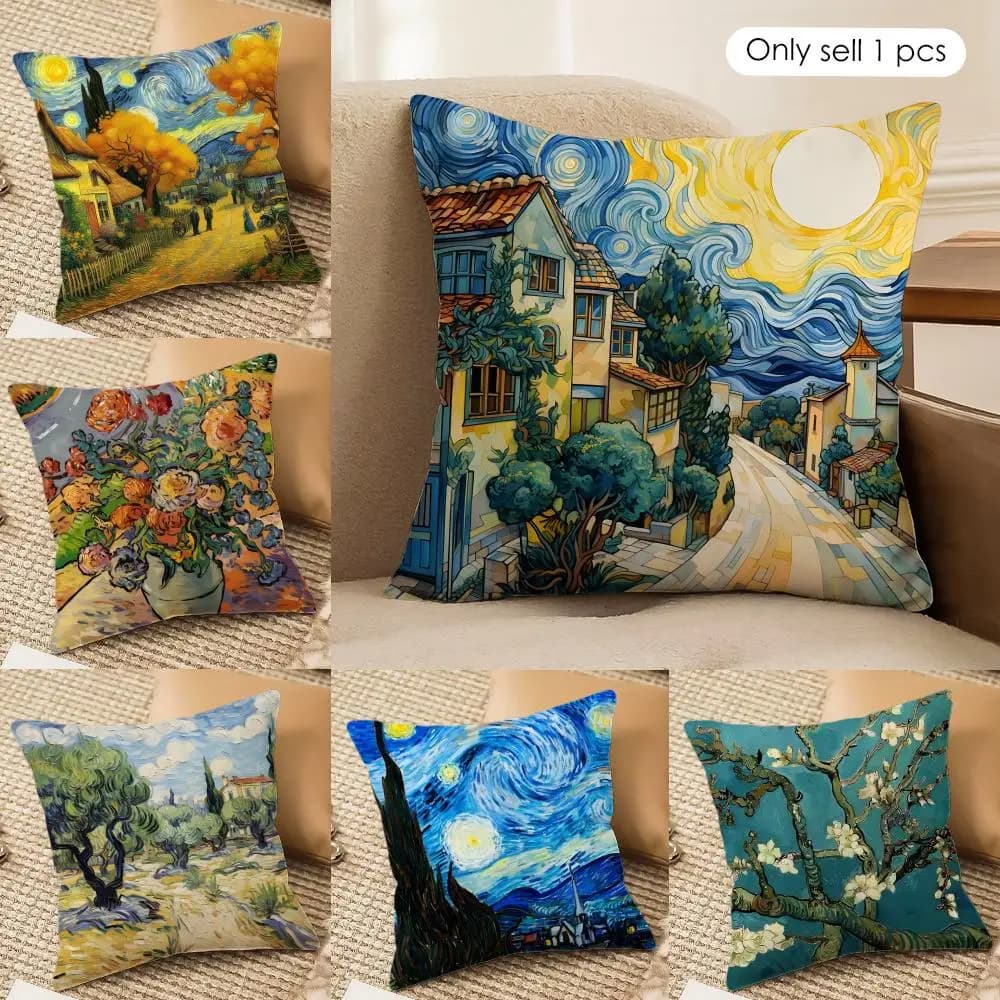 1pc V-Van G-Gogh oil paintings Cushion Cover Short plush Double-sided Print Square Throw Pillow Covers Sofa Home Cushion Decor