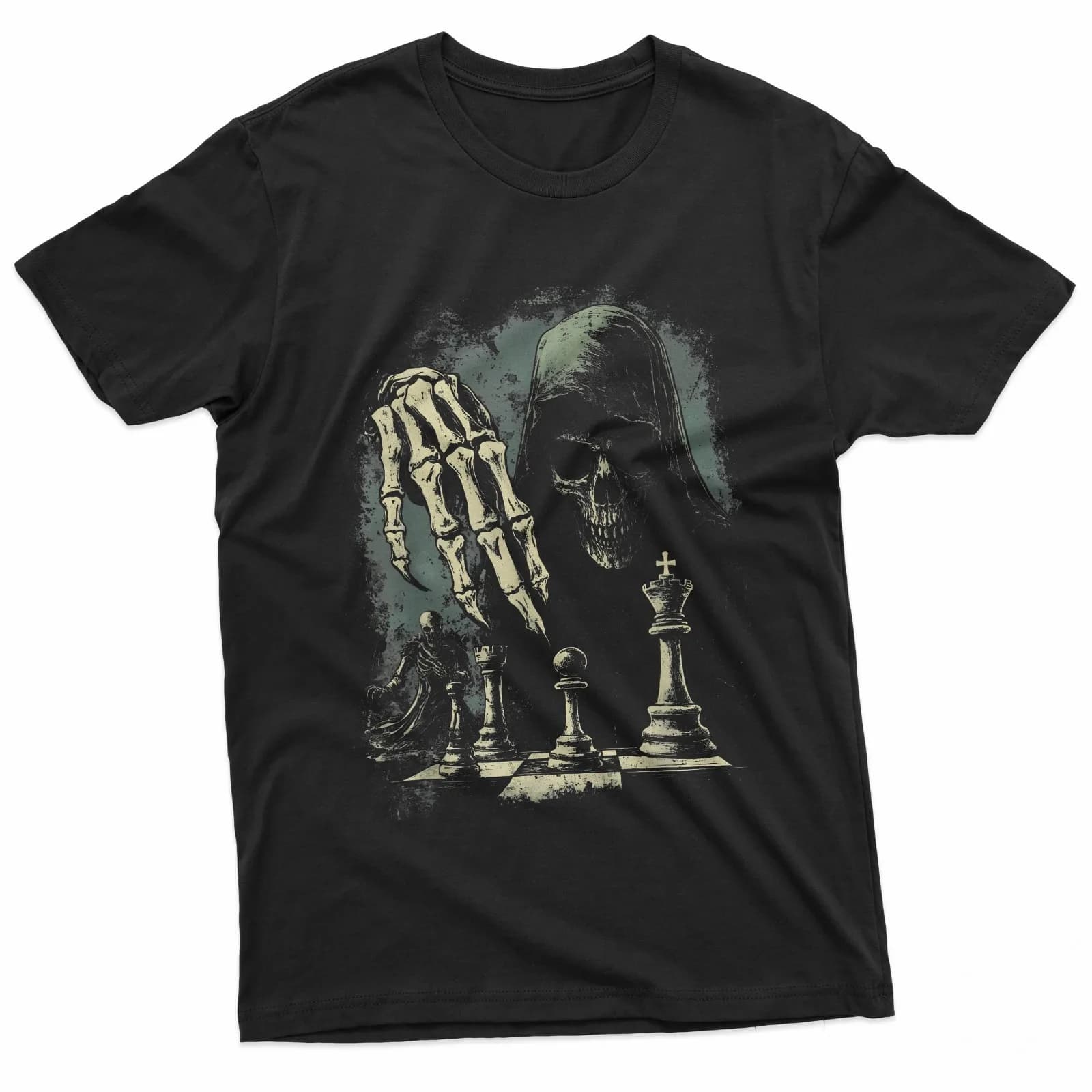T-shirt per amanti dello scacchieraio in stile gotico con design a teschio di Grim Reaper