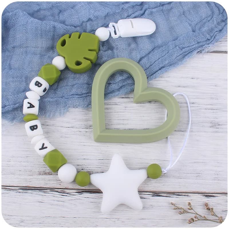 Nome personalizzato Catena ciuccio Accessori Silicone Stella a cinque punte Clip per ciuccio infantile Set di giocattoli per massaggiagengive per bambini con pentagramma carino