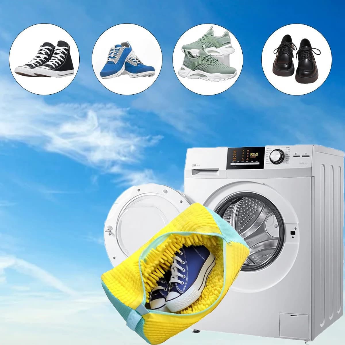 Borsa resistente per lavatrice di scarpe per tutti i tipi di scarpe, ideale per scarpe da ginnastica e scarpe casual, borsa per lavare il bucato giallo grigio blu
