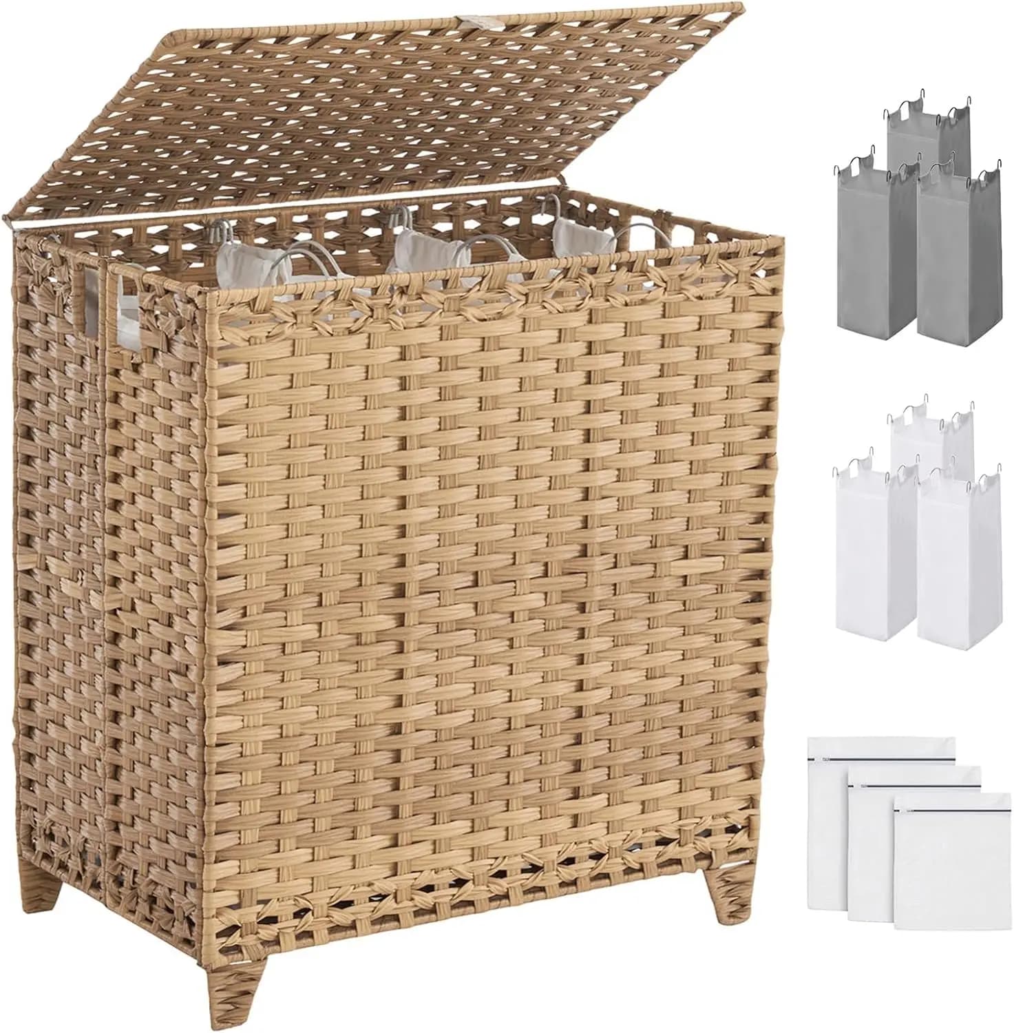 190L Large Bucato Basket with Cover, 3 Parts, 6 Removable Bags and 3 Net Bags, Rattan Design Hand-woven