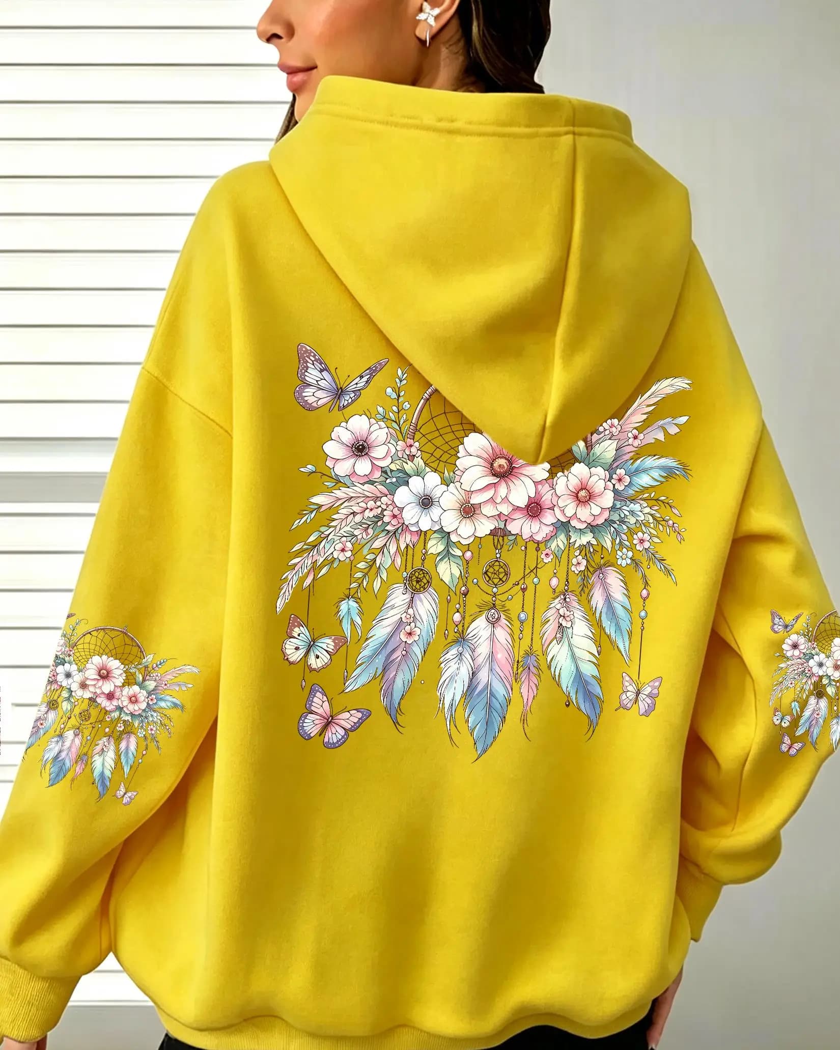 Dreamcatcher Floral Butterflies Feathers Printed Women'S Hoody Loose Fleece Hoodie Autumn Y2K Pullovers Running Streetwear