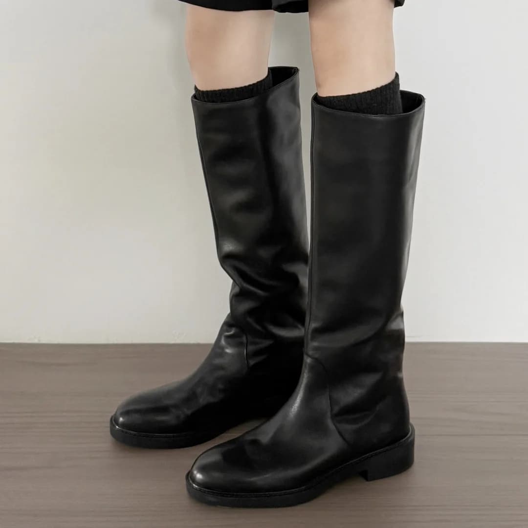 Danxuefei high knee boots autunnali slip-on women's casual pleated cow leather soft and comfortable long boots
