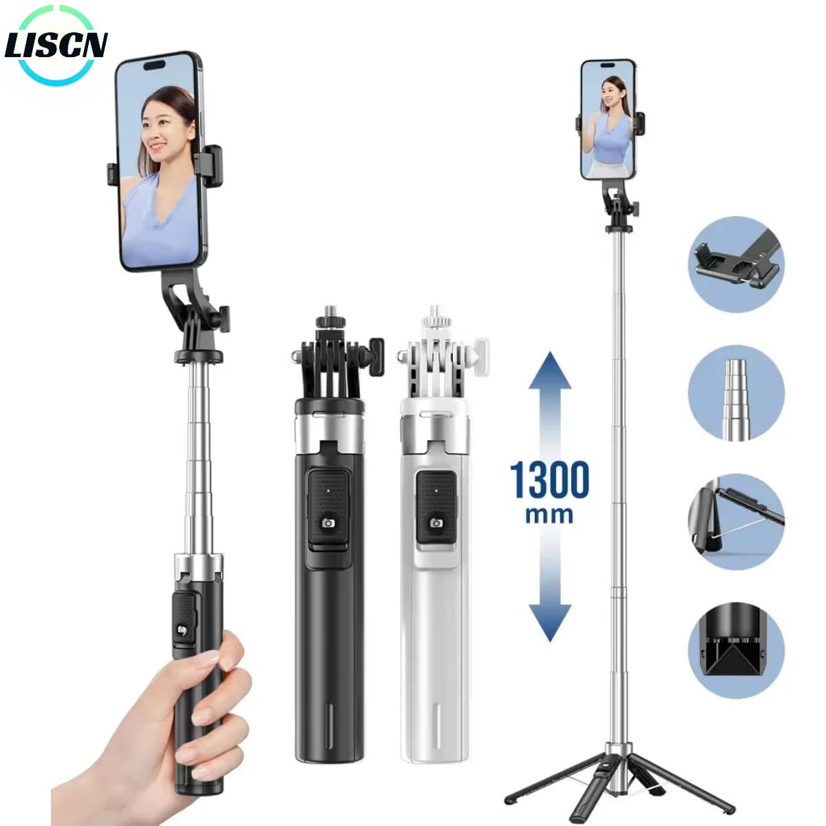 LISCN Treppiede per selfie con staffa quadrupede per selfie portatile da 1,3 m con telecomando ricaricabile per vlogging, streaming live