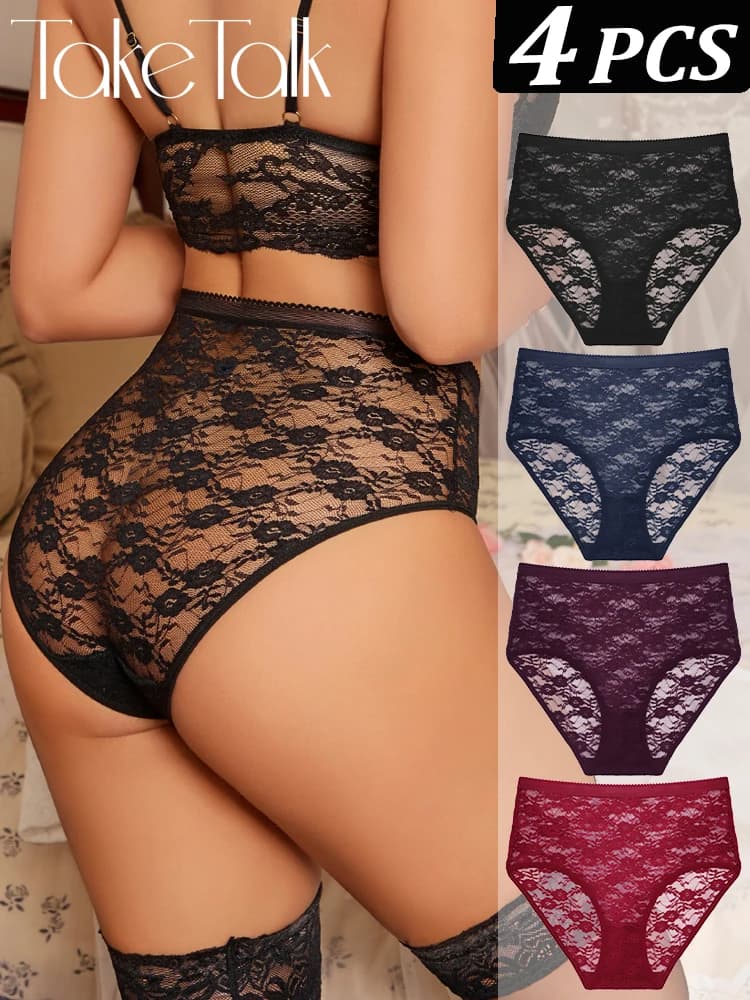 4 pz/set mutandine di pizzo sexy mutande prospettiche sexy femminili tinta unita vita alta lingerie biancheria intima da donna elegante e romantica