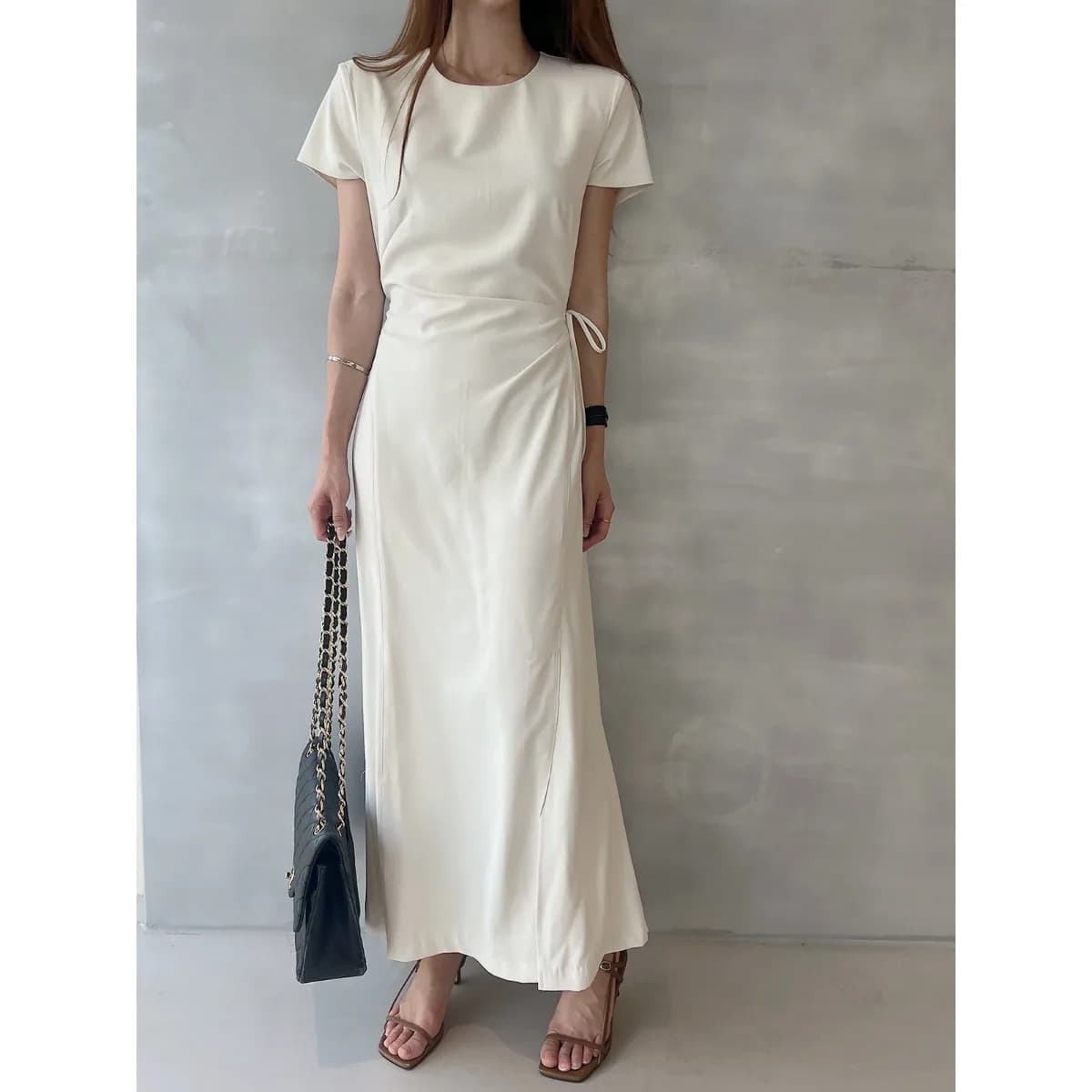 Chic Korean Style Summer New round Neck Side Tied Belt Slim Fit Dress Casual A-Line Skirt Short Sleeve Commute Style Dress