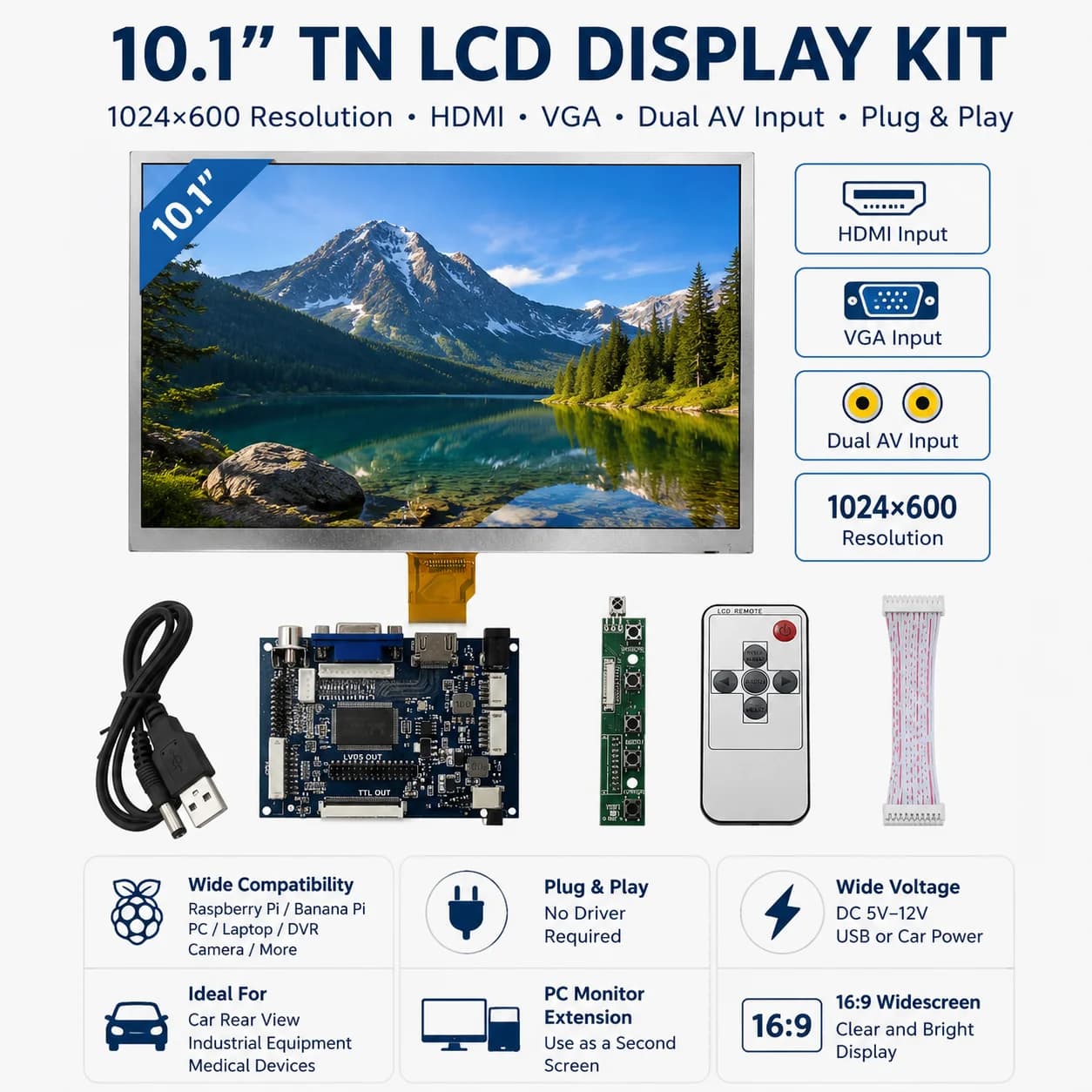10.1 Inch HD Monitor LCD Screen Display Driver Control Board 2AV VGA HDMI-Compatibl For Raspberry Pi Orange Pi Mini Computer PC