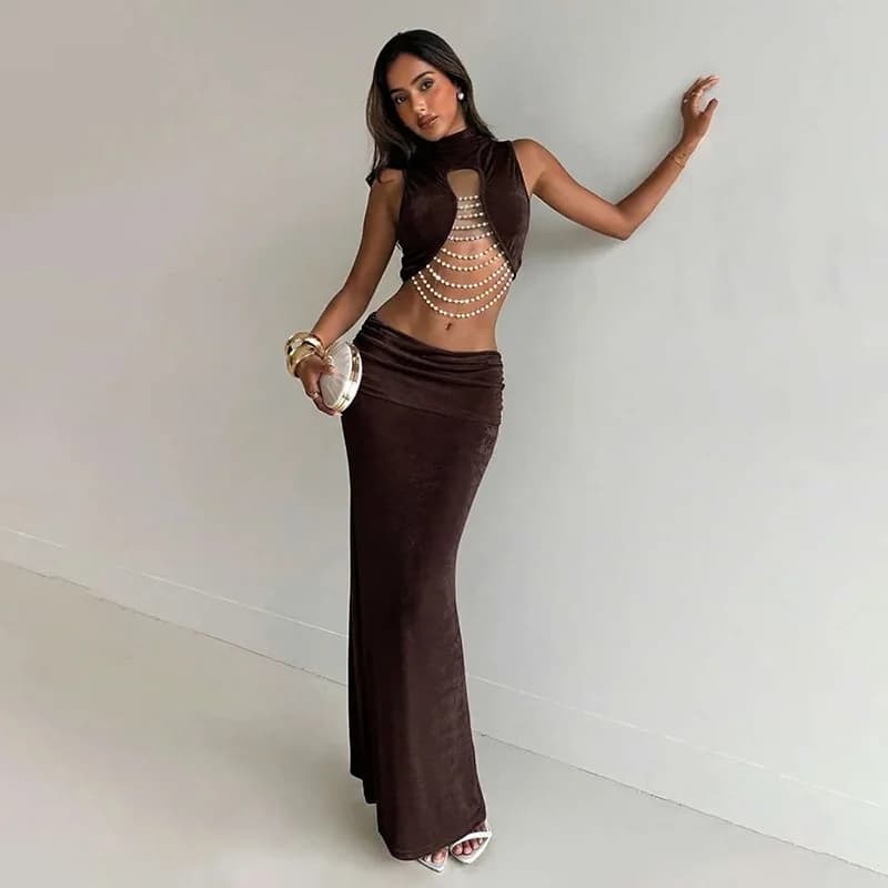 Chaxiaoa Elegant Banquet 2 Piece Set Women Sexy Bead Patchwork Turtleneck Tank Top+Ruched Mesh Hem Skirts Chic Party Clubwear