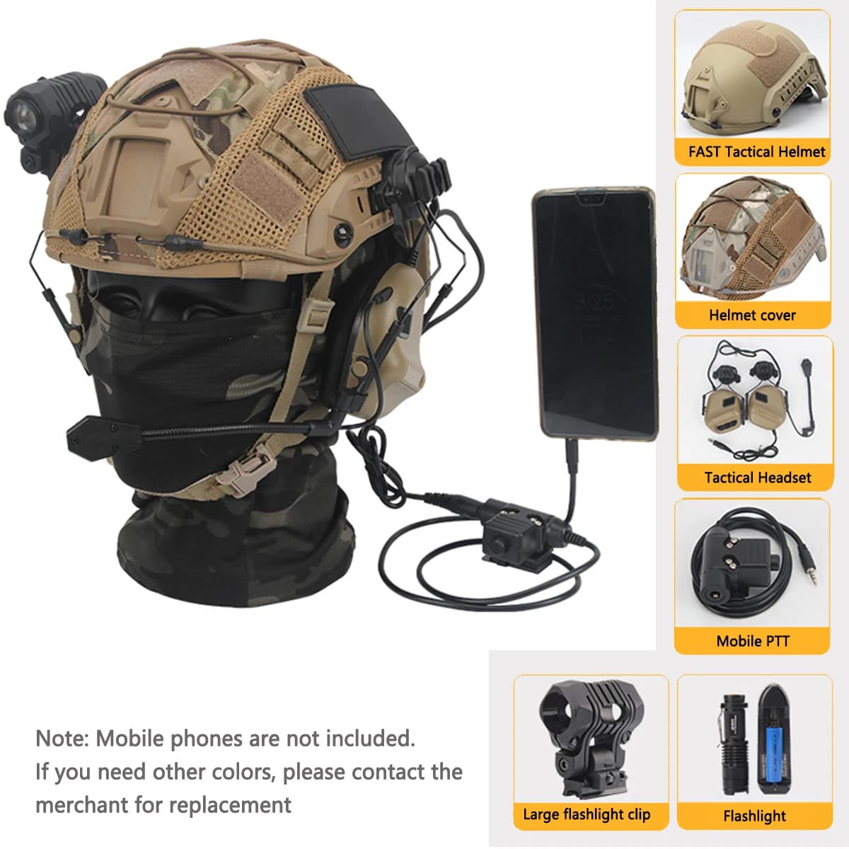 Il set di cuffie tattiche viene fornito con telefono cellulare PTT, walkie-talkie e torcia elettrica per tiro, paintball softair, caccia
