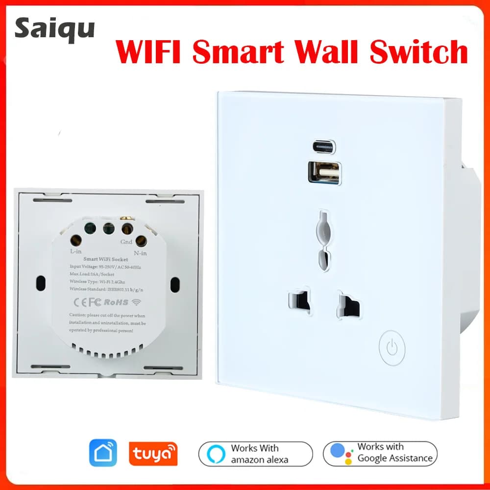 Universal USB socket 16A WiFi Type-C USB power plug 5A Type 86 Glass panel Spina UK EU Presa Tuya Smart Home wall socket