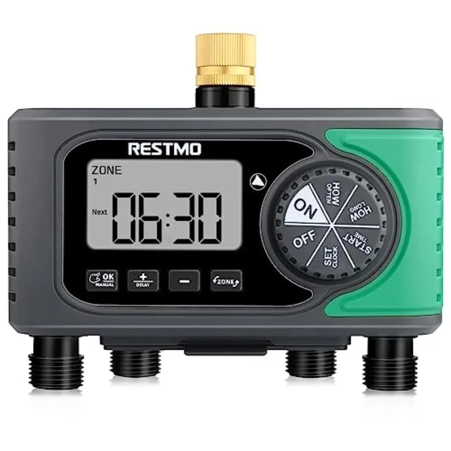 4 output irrigation timer with brass input, 4 zone programmable digital timer for garden hose, automatic/manual ON/OFF control