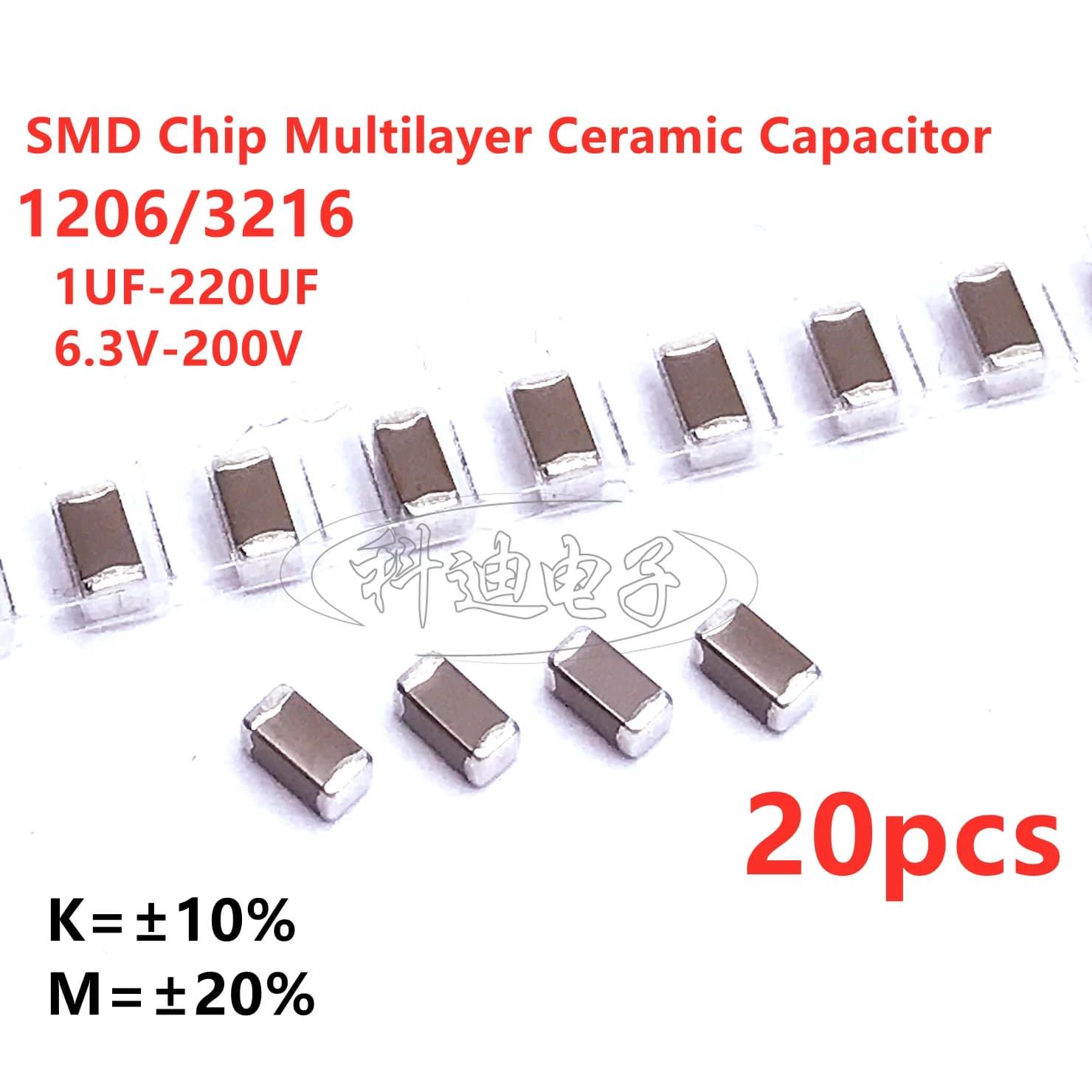 20 pz 1206 3216 Condensatore SMD 1UF 2.2UF 4.7UF 10UF 22UF 47UF 100UF 220UF 10V 16V 25V 35V 50V 63V 100V 200V X7R X5R ±10%=K ±20%=M