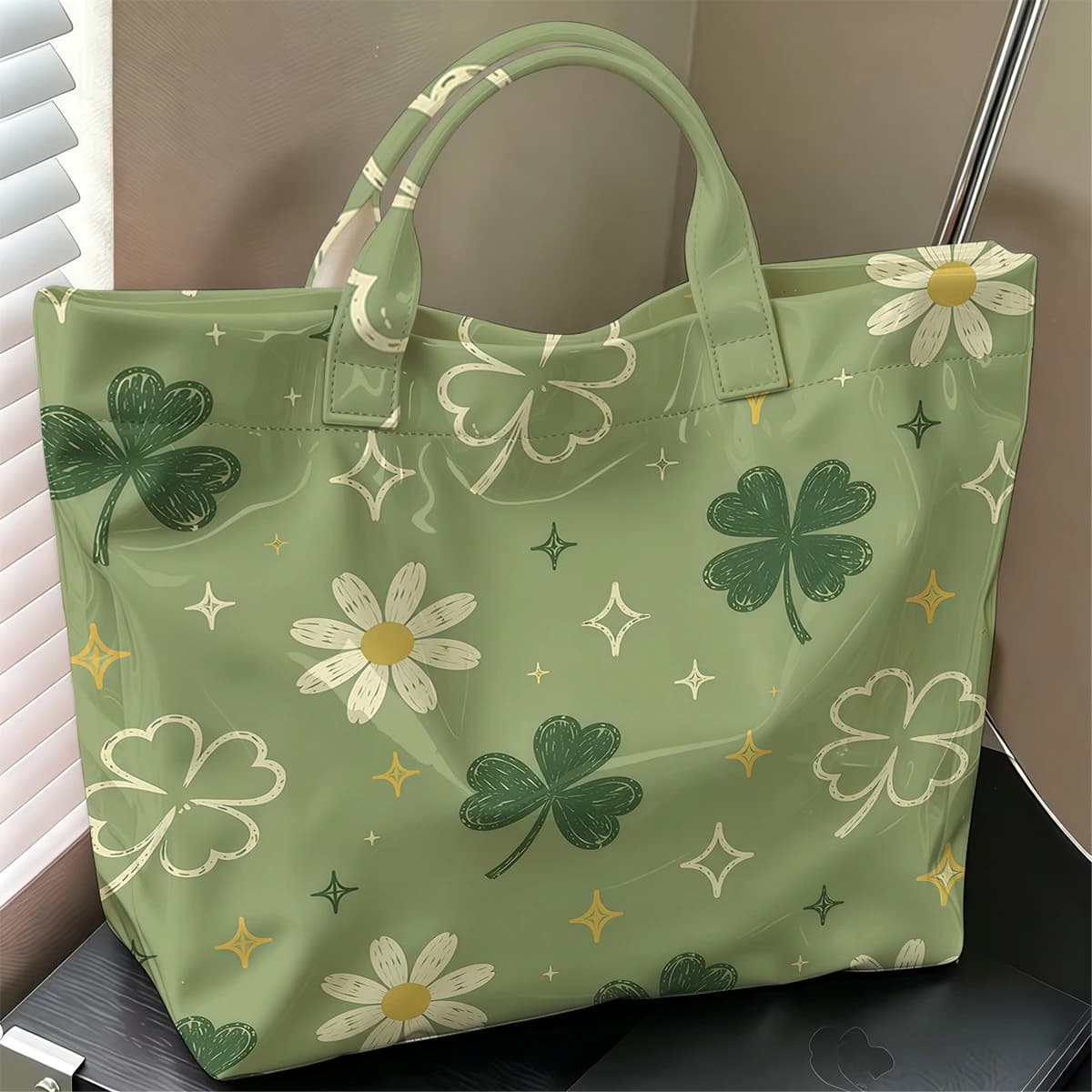 Clover Daisy Fashion Large Glossy PVC Tote Bag Hand Washable Waterproof Perfect Travel Commute Cosmetic Storage Shopper