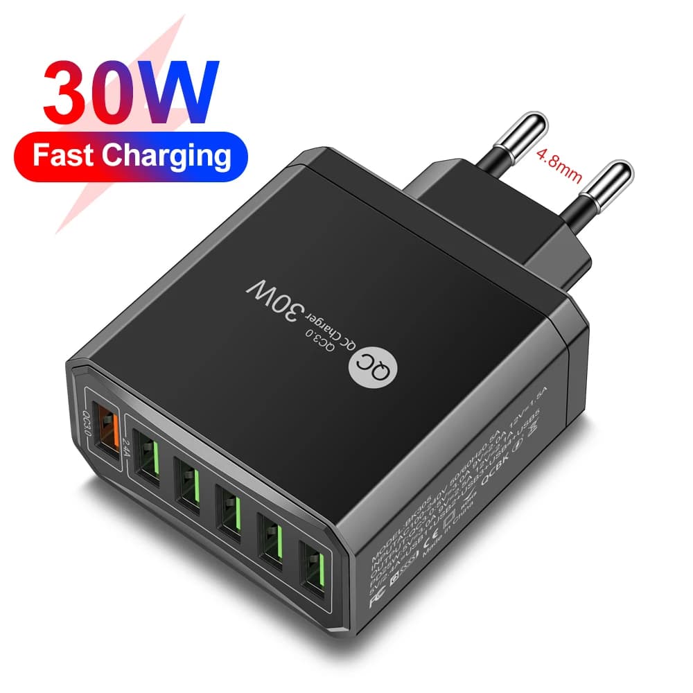 Caricatore USB 6 in 1 Quick Charge 3.0 da 30W con ricarica rapida, adattatore con spina EU/US/UK/KR per iPhone 16, Xiaomi, Samsung