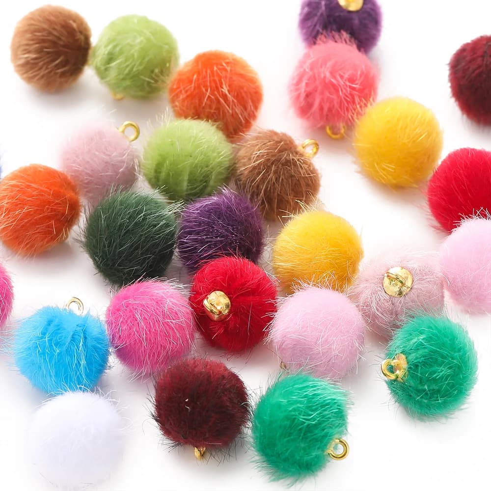 10 pezzi di perline a forma di palla ricoperte di pelliccia di peluche, ciondoli con pompon, per collana fai da te, orecchino, braccialetto, ciondolo, creazione di gioielli