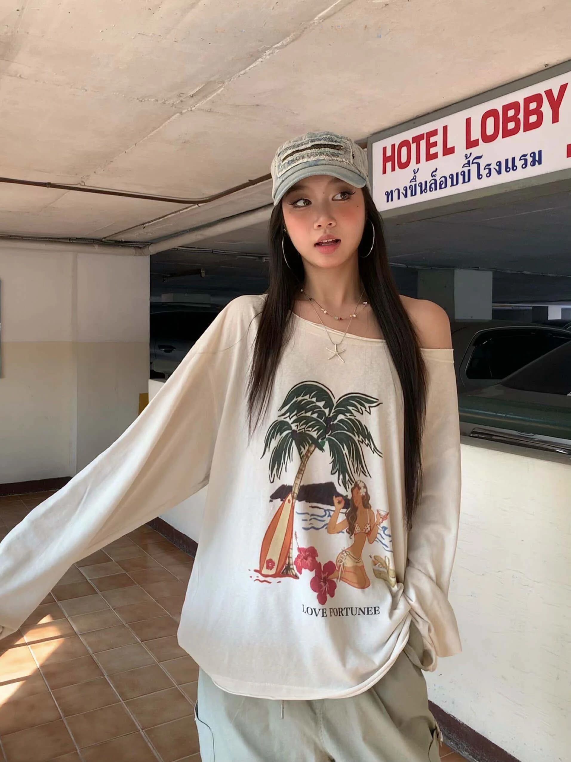Fortunee T-Shirt Originale Dipinta a Mano a Maniche Lunghe con Spalle Scoperte Stile Spiaggia da Donna in Cotone Lino Lavorato a Maglia Traspirante