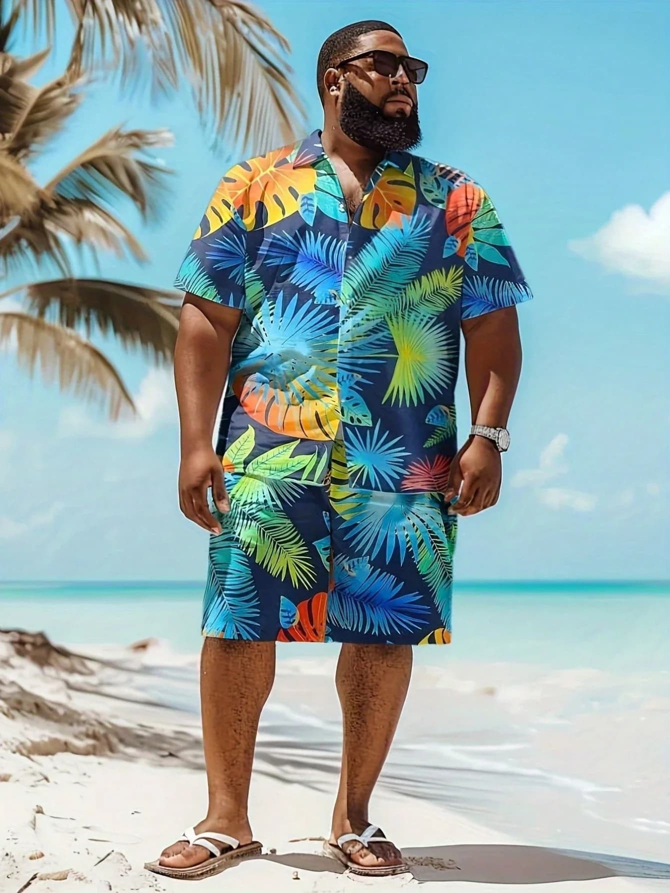 Set di camicia e pantaloncini con stampa digitale da uomo taglie forti, outfit casual da spiaggia