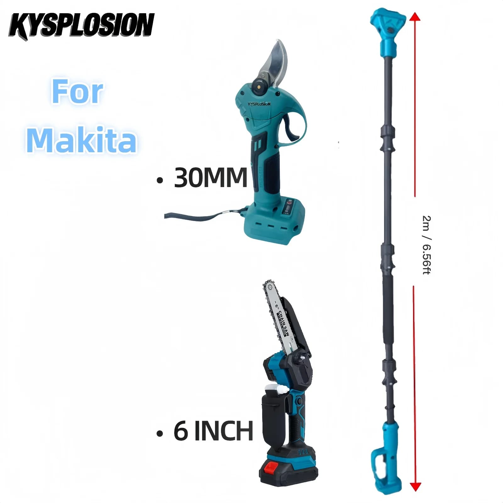 Kit di strumenti di potatura elettrico senza spazzole a batteria multifunzione Palo telescopico da 2 m con motosega a taglio da 30 mm per batteria Makita 18 V