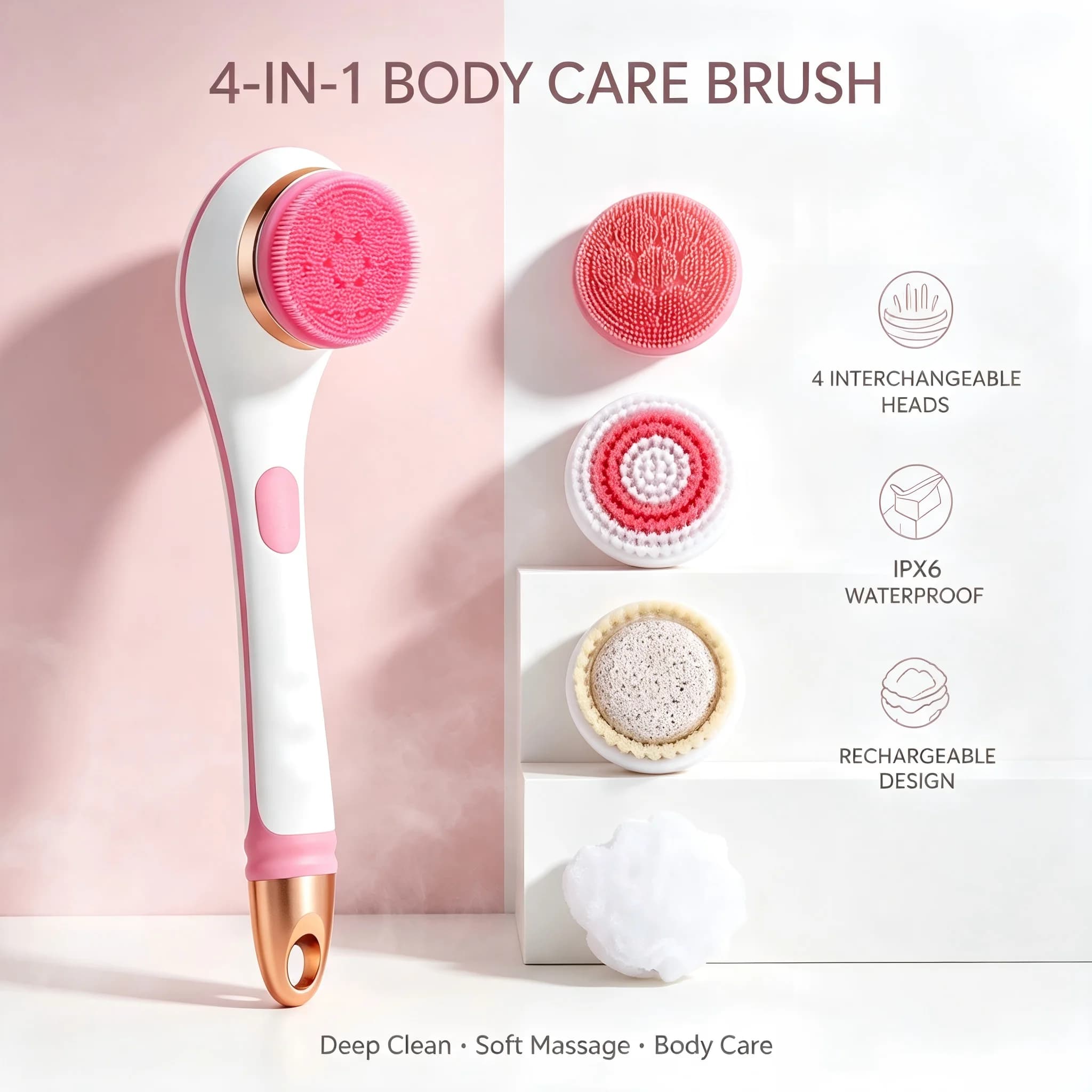 Electric Body Scrubber Shower Brush 4 Interchangeable Heads Rechargeable Bath Brush IPX6 Waterproof Body Massager Deep Cleaning