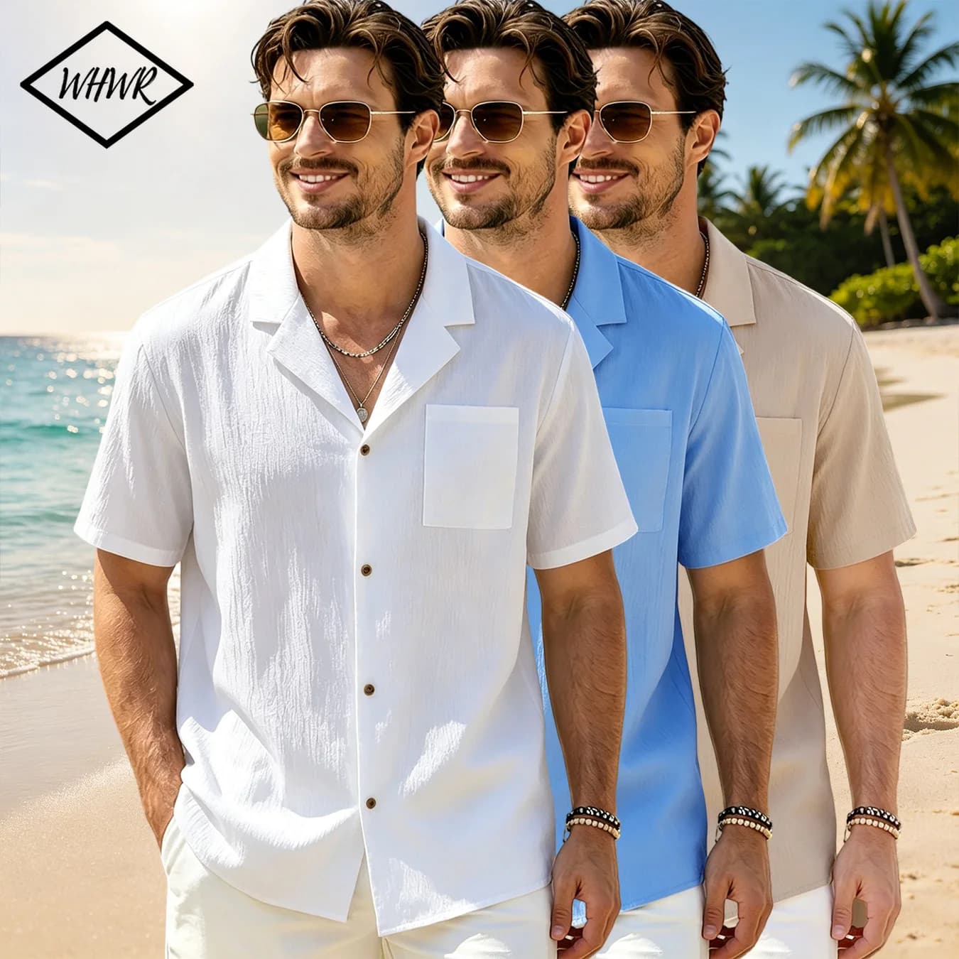 Men's Summer Beach Vacation Shirt Textured Fabric Cuban Lapel Short Sleeve Button Up Shirt Lightweight Loose Casual Male Blouse