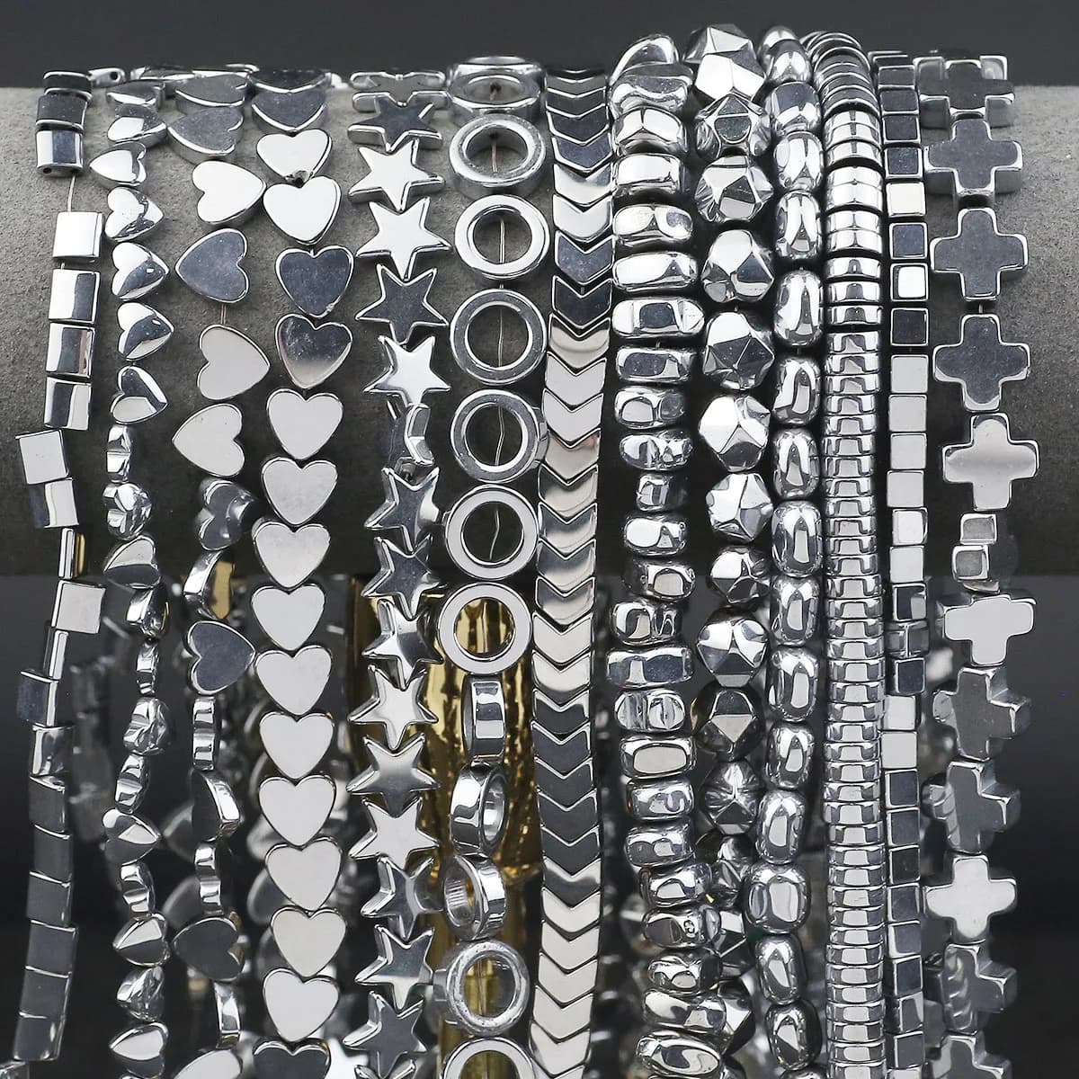 15 ''argento placcato ematite pietra naturale cuore rotondo stella freccia piazza allentato distanziatore perline per gioielli che fanno collane braccialetto